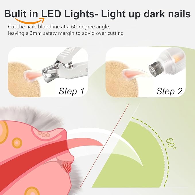 2-in-1 Dog Nail Grinder & Dog Nail Clippers Trimmers for Large Medium Small Dogs Cats Pets Claw Trimmer with LED Lights (White)