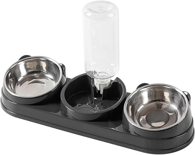 3 Bowl Cat Feeding Station Cat Food and Water Bowl Set, 3 Feeding Station with Automatic Water Dispenser, Elevated Tilted Bowls for Easy Eating, Black