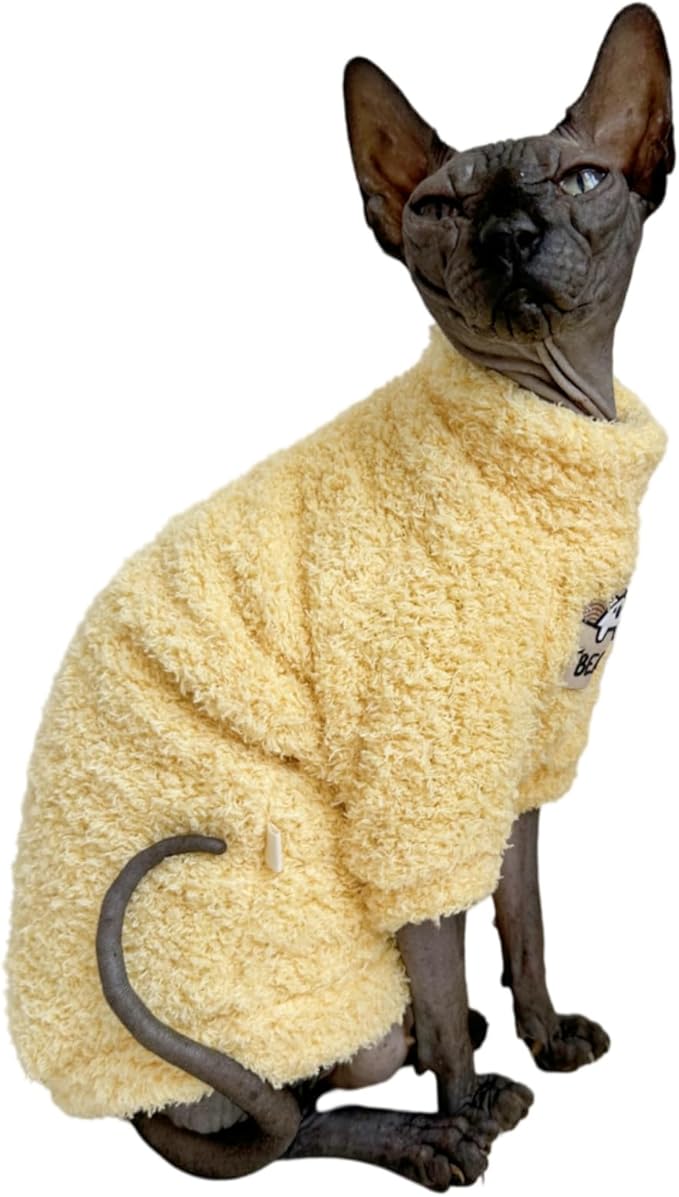 Sphynx Cat Clothes Hairless Cat Super Soft Warm Fleece T Shirt Elastic Winter Sweater Outfit, Pet Clothes for Sphynx Cat Coat for Cats and Small Dogs Apparel (Yellow, Medium)