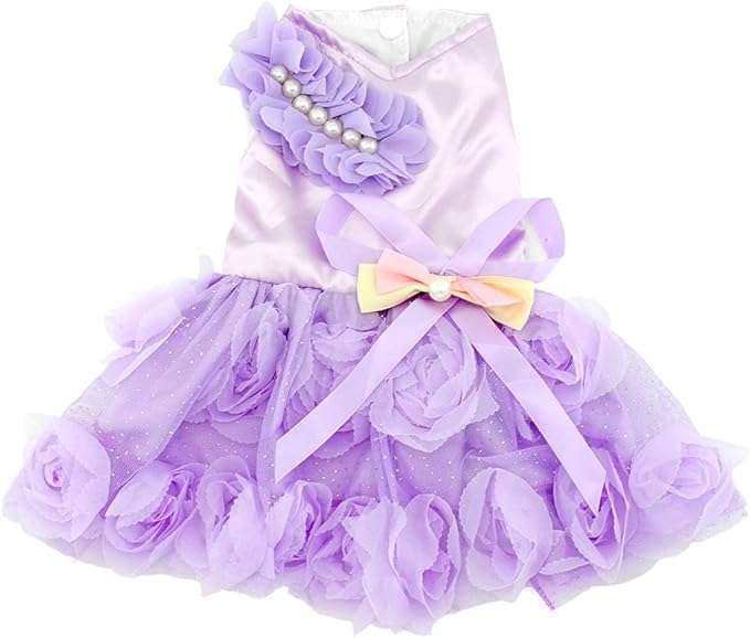 SMALLLEE_Lucky_Store Pet Small Dog Wedding Dress with Bowknot Birthday Party Costume Satin Rose Pearls Girl Formal Dress Cat Tutu Purple Violet, Medium