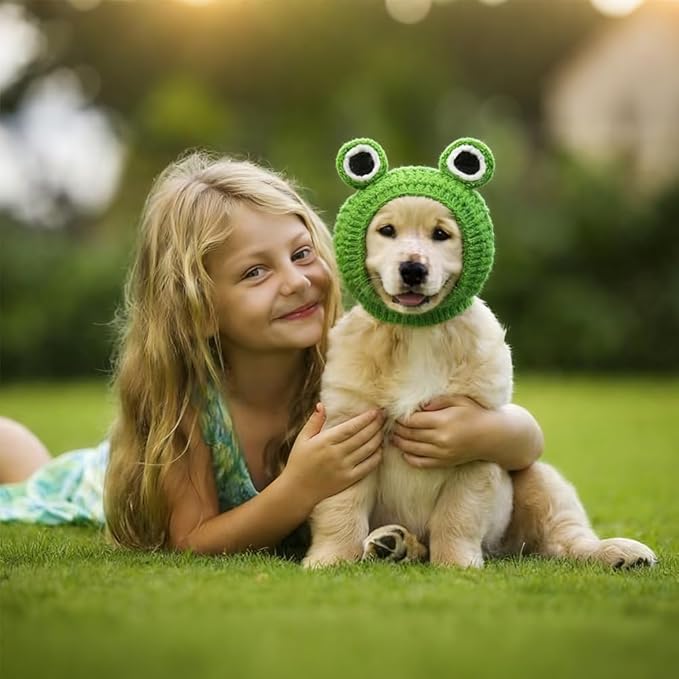 2 PCS Pet Costume Hats Cat Dog Cute Frog and Flower Headband Crochet Knitted Cap Big Eye Frog Party Cosplay for Kitten Puppy Pet Birthday Hat