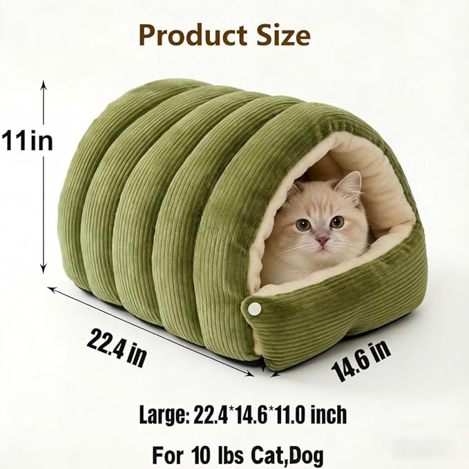 Cat Cave Bed with Hood - Indoor Cat Bed for Cats, Soft Cat Sleeping Bag, Pet Cave for Cats, Detachable Design (Green, 22 inch)