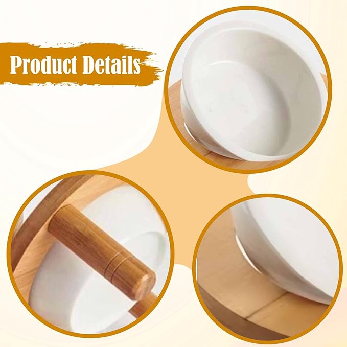Elevated Cat Bowl Whisker Friendly Ceramic Bowl Feeder Bamboo Wood Stand Assembly Suitable for Puppy Kitten, 18cmx18cmx12cm