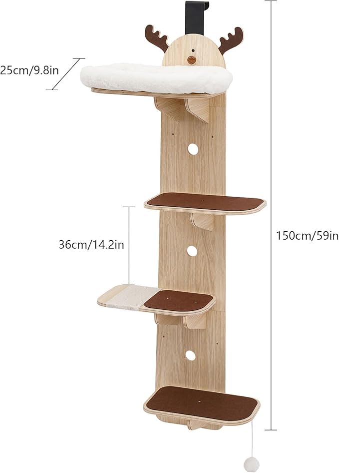 Door Hanging Cat Tree, 4 Tier Vertical Cats Climbing Frame, Door Mounted Cat Tree Tower with Plush Ball, Wooden Cats Climbing Rack for Stair, Foyer, Living Room, Bedroom, Pet Shop