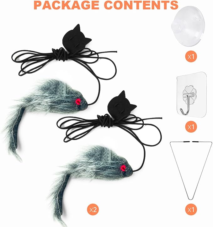 FYNIGO 2 Pcs Interactive Cat Toys for Indoor Cats & Kittens, Hanging Door Mouse Toy Set for Self Play, Bungee String Plush Mice with Clips, Hooks & Suction Cups