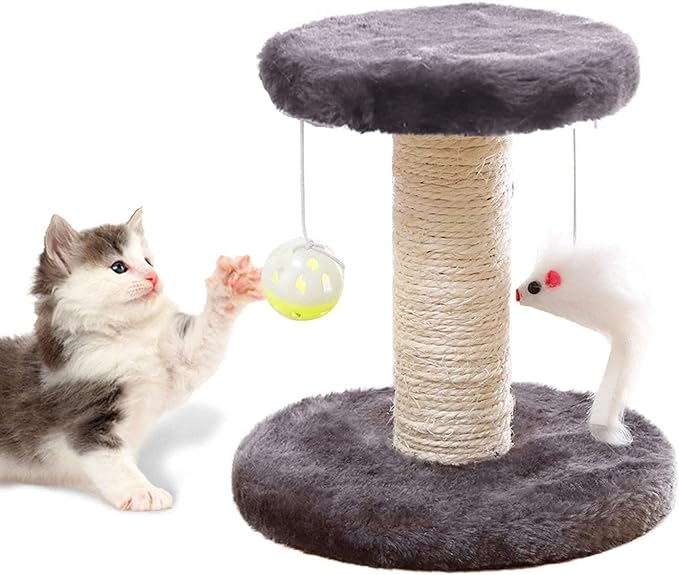 Small Cat Scratching Post and Small Cat Tree Natural Sisal Tower with Round Perch and Plush Ball Furniture Made for Small Cat, Kitten Relax Tree
