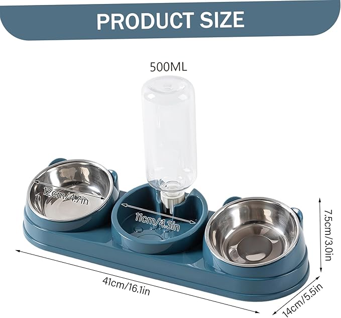 Cat Food and Water Bowl Set, 3 Bowl Cat Feeding Station with Automatic Water Dispenser, Elevated Tilted Bowls for Easy Eating, Dark Blue