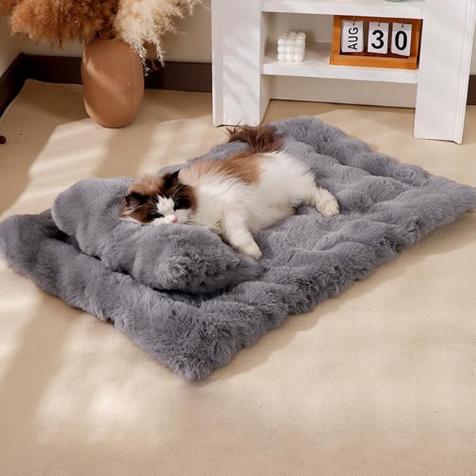Cat Bed Mat Dog Crate Pads, Cat Beds for Indoor Cats Small Dogs, Plush Pet Bed Mats Faux Fur Dog Crate Mat with Removable Pillow for Cages/Floor/Couch (Grey-with Pillow,S-15.7 * 19.6 in)