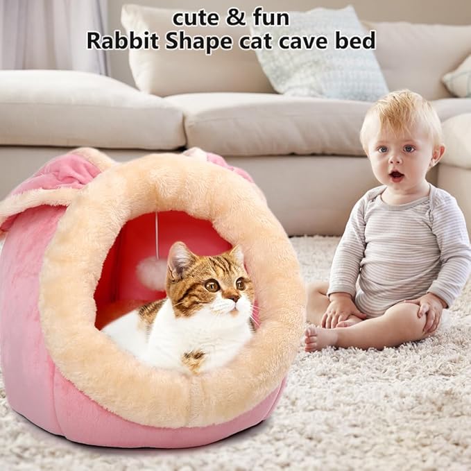 Cat Beds for Indoor Cats - Rabbit-Shaped Cat Cave Bed with Hanging Toy,Super Soft Calming Pet Bed for Kitten&Puppy,Small Dog,Warm Plush&Machine Washable&Removable Cotton Pad,Cat Hideaway