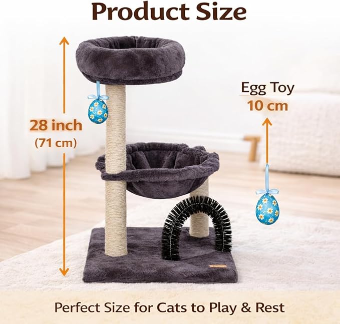 27.8" Small Cat Tree with Easter Eggs,Multi-Level Cute Cat Tree with Scratching Post| Plush Hammock| Perch| Random 3 Pcs Easter Eggs| Groomer Brush for Kittens Play & Rest