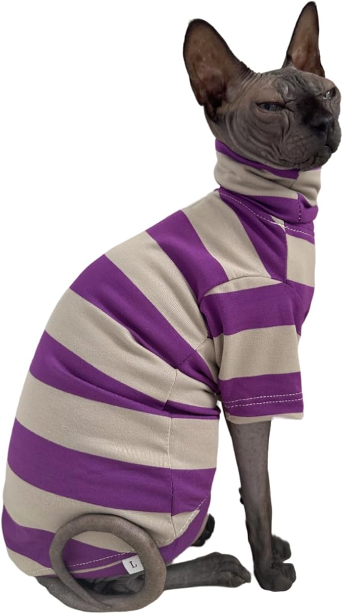 Vintage Stripes Sphynx Hairless Cats Shirt Cotton Cat Turtleneck Pet Clothes Kitten T-Shirts with Sleeves for Sphynx Cats (Wide Purple Grey Stripe, Small)