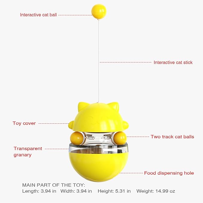 Interactive Cat Toy for Indoor Cats Wobble Treat Dispenser Ball Kitten Food Dispenser & Puzzle Feeder Balls & Enrichment Toys & Mental Stimulation Interactive Brain Game (Yellow)