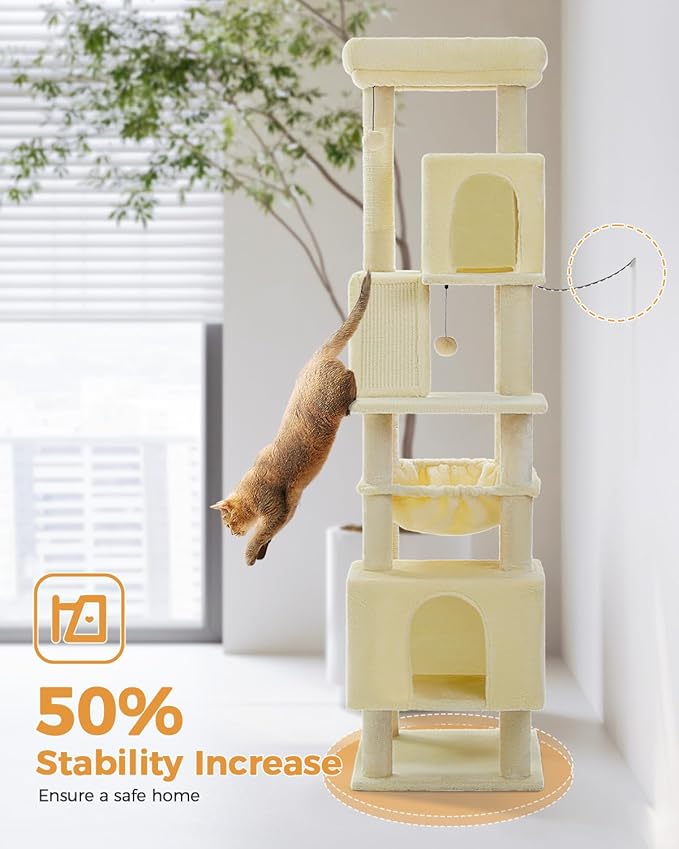 MUTTROS 71" Tall Cat Tree for Large Cat 20 lbs with Super Large Hammock, Heavy Duty Cat Tower with 4 Sisal Scratching Posts & 2 Spacious Condos for Big Adult Cats Maine Coon-Beige