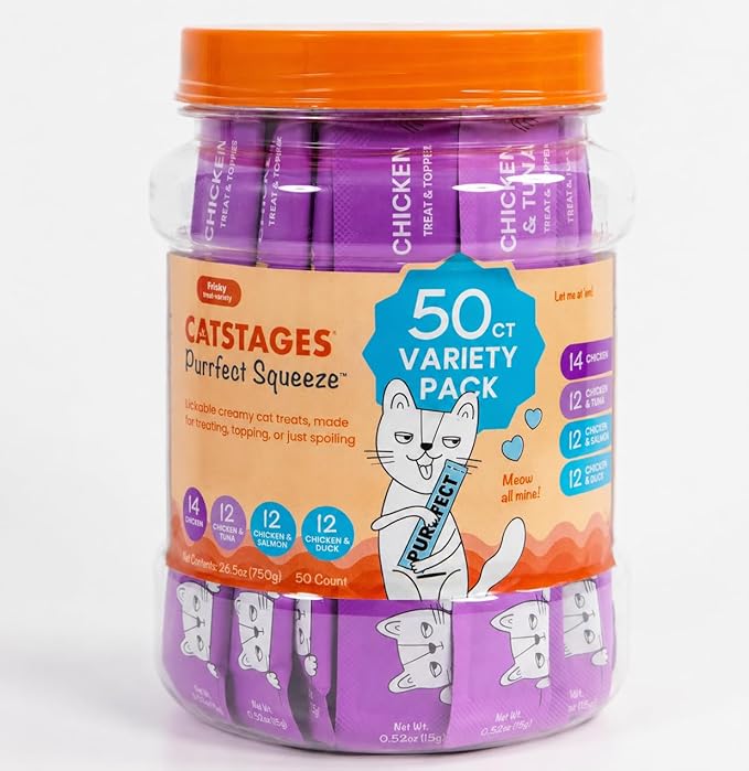Catstages Purrfect Squeeze Lickable Cat Treats, Creamy Purée Squeezable Treat & Topper, 0.5 oz Tubes, 50-Count, 4-Flavor Variety Pack