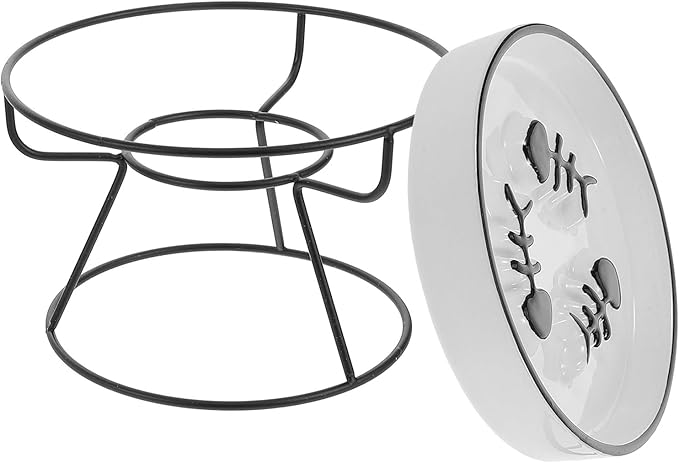 Ceramic Slow Feeder Cat Bowl Elevated Feeding Station with Stand Black Three-Fish Design Anti-Choke Whisker-Friendly Slow Eating Dish for Indoor Cats and Small Dogs