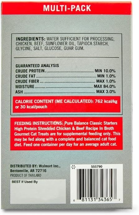 Pure~Balance Classic Starters Gourmet Cat Treats, Shredded Chicken & Beef in Broth, High Protein, Soft Treats ~ 5 Pouches of 1.4 Oz Inside, Wet Cat Treat Adult Cats ~ (4 Box) ~ (1 Pack)