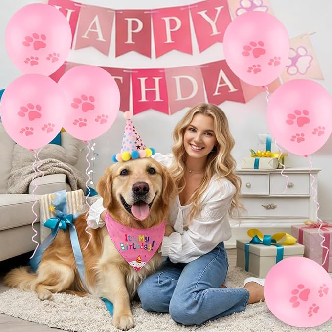 Cat Birthday Decorations Set - Cute Birthday Outfit with Hat, Bandana, Bow Tie, Balloons & Number Stickers for Kittens/Cats Party Photo Props & Festive Supplies