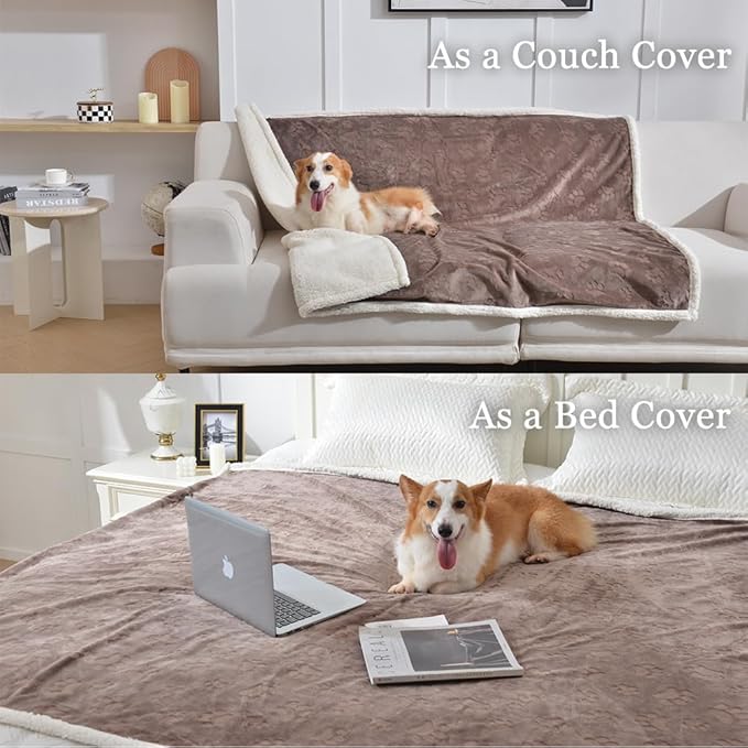 Qeils Waterproof Blanket for Bed, Dog Blankets for Large Dogs, Waterproof Cat Blanket Washable, Soft Sherpa Fleece Puppy Blanket, Reversible Throw Protector for Couch Car, 50"X60", Taupe