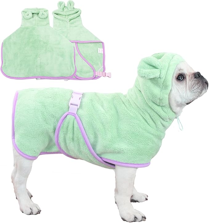 Pet Bathrobe for Dog Cat Absorbently Quick Drying Coat Cute Dogs Bath Towel Hooded Robe Adjustable Collar & Belly Strap for Pool Beach (Green, Large)