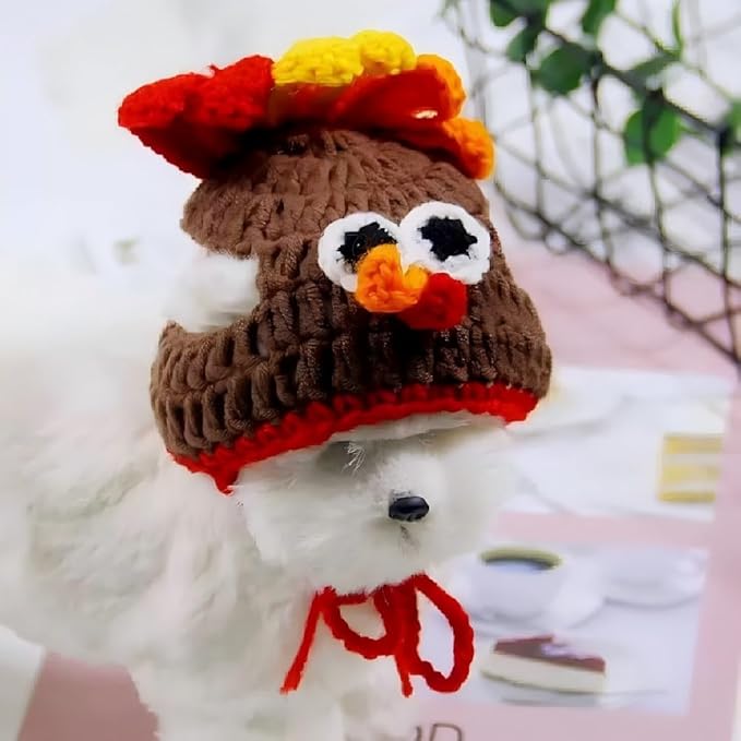 Crochet Turkey Hat for Cats & Small Dogs, Hand Knitted Thanksgiving Pet Costume, Halloween Party Photo Prop for Kittens and Puppies