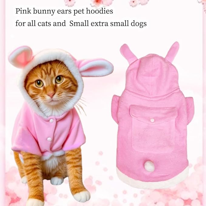 ANIAC Bunny Ears Cat Costume Plush Dog Hoodies with Pocket Sweater Cute Kitten Cat Clothes Warm Rabbit Ears Outfit with Hood for Small Dog Cat and Puppy (Pink-2, Medium)