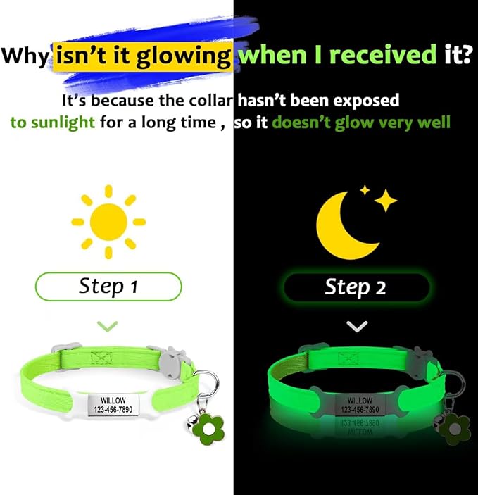 Personalised Glow in the Dark Cat Collar with Bell, Adjustable Breakaway Safety Luminous Collar with Stainless Steel Name Tag Fluorescent Glow (Grow in the Dark)