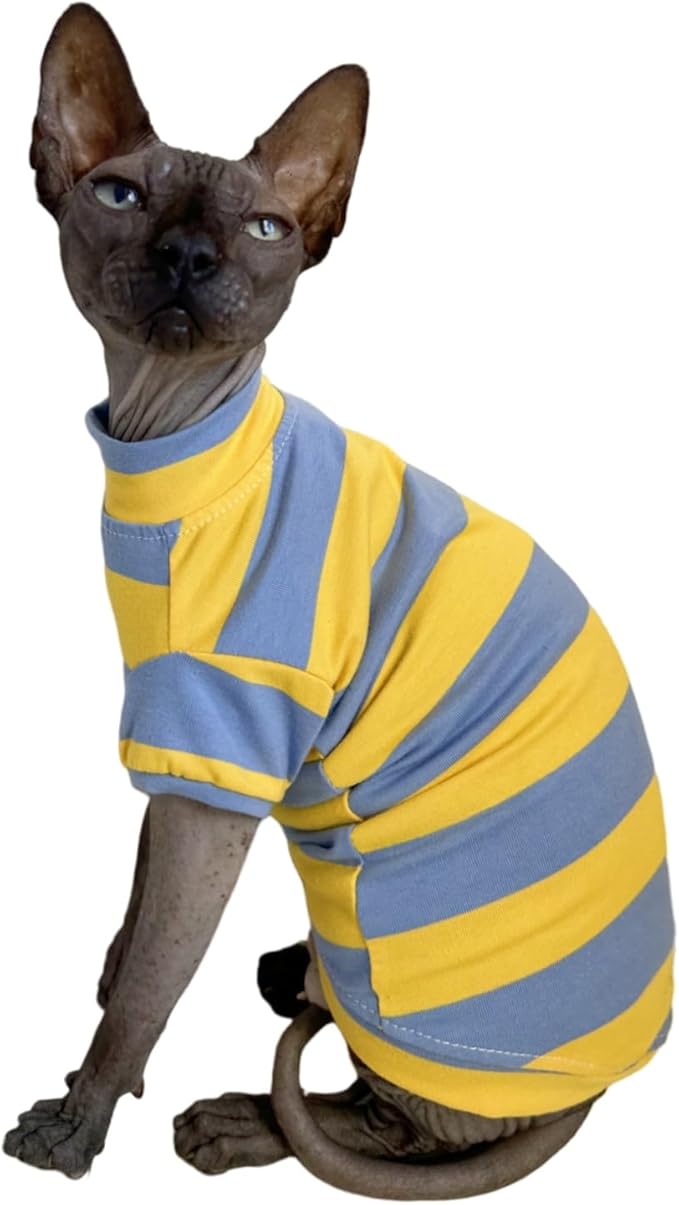 Sphynx Cat Clothes Shirts for Hairless Cat, Wide Stripe Cats Apparel, Kitten Summer Cotton T-Shirts with Sleeves for Cornish Rex, Devon Rex, Peterbald (Blue & Yellow, Medium)