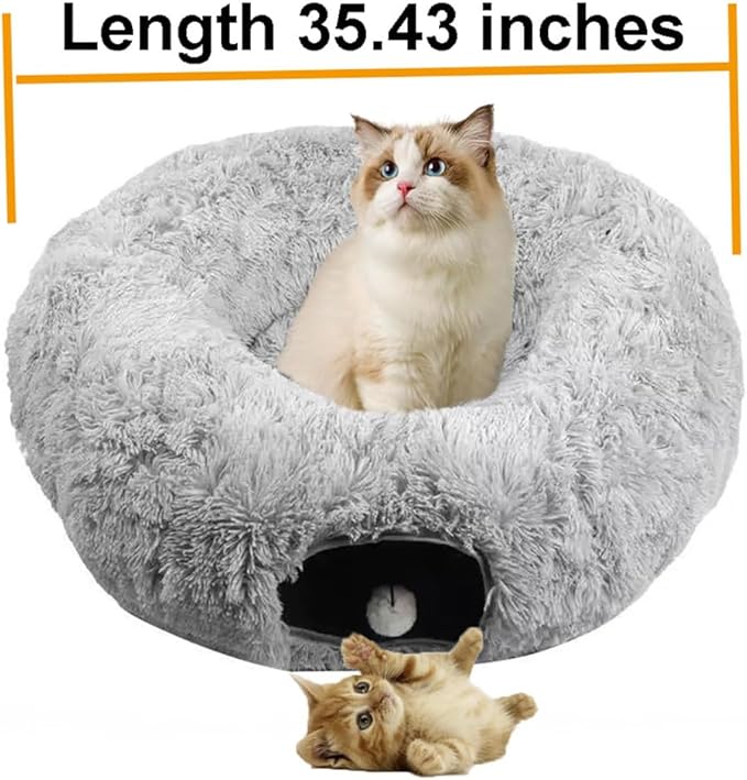 Cat Bed Tunnel Tube Toy Grey Plush Round, Collapsible Pet Tunnels for Indoor Cats, Interactive Toys Play Tubes with Hanging Ball for Fun Playtime & Exercise for Kitten, Puppy, Rabbit