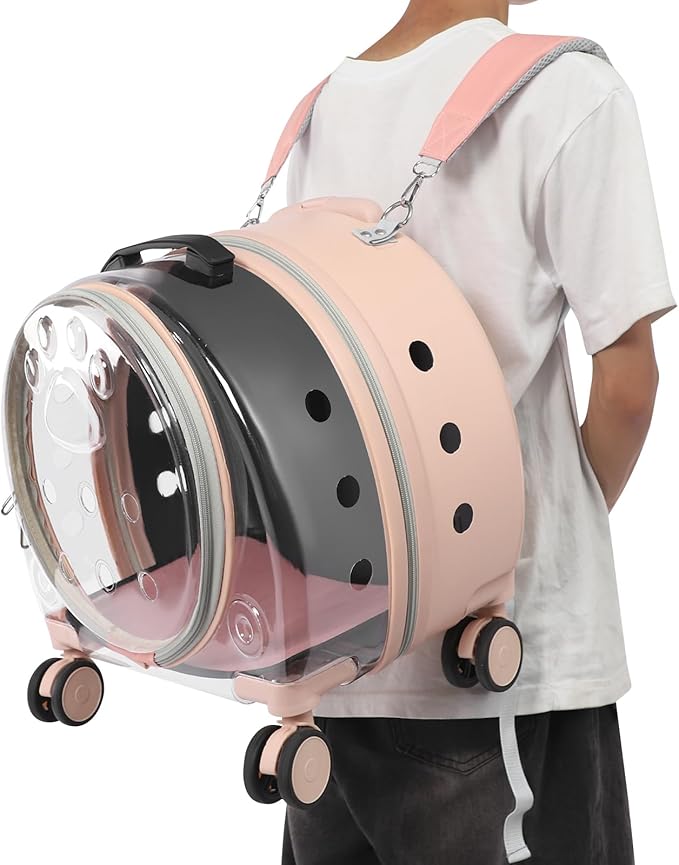 4-Wheel Rolling Cat Carrier, Hard Shell Pet Carrier with Ventilation Holes, Adjustable Handle Cat Travel Carrier, Lightweight Pet Stroller for Airplane, Car, Fits Pets up to 19.8lbs (Pink)