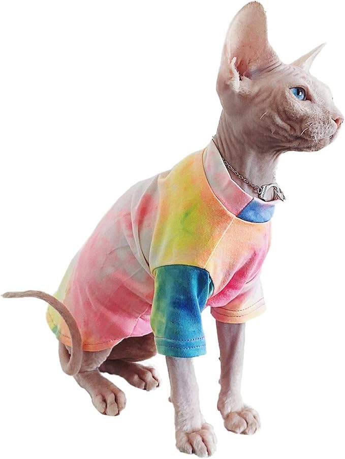 QBLEEV Sphynx Cat Clothes, Hairless Cats Rainbow Rendering T-Shirt for Spring Summer Autumn, Breathable Cat Wear Clothes Vest Shirts for Sphynx, Cornish Rex, Devon Rex, Peterbald