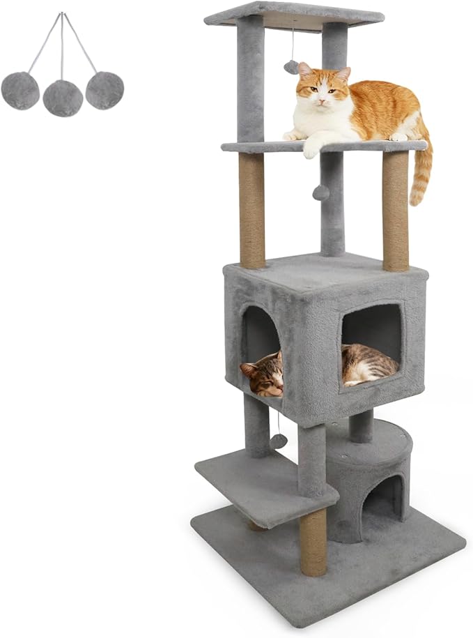 Tangkula 64 Inch Tall Cat Tree, Multi-Level Cat Tower with 2 Large Condos, Jute Scratching Posts, Plush Top Perch, Dangling Toys, Cat Climbing Furniture for Indoor Adult Cats & Kittens (Light Gray)