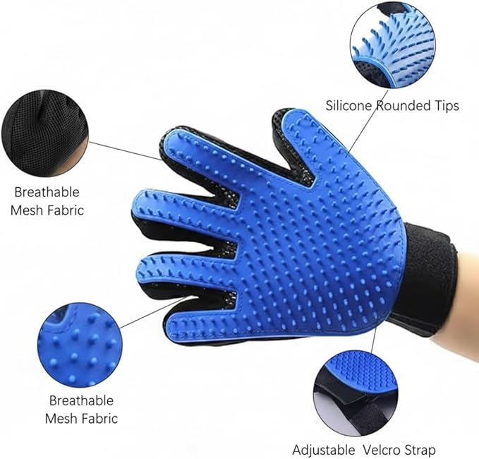 Pet Grooming Gloves, Deshedding Hair Removal Brush Mitt for Dogs and Cats, Black and Blue, Pair (Blue)