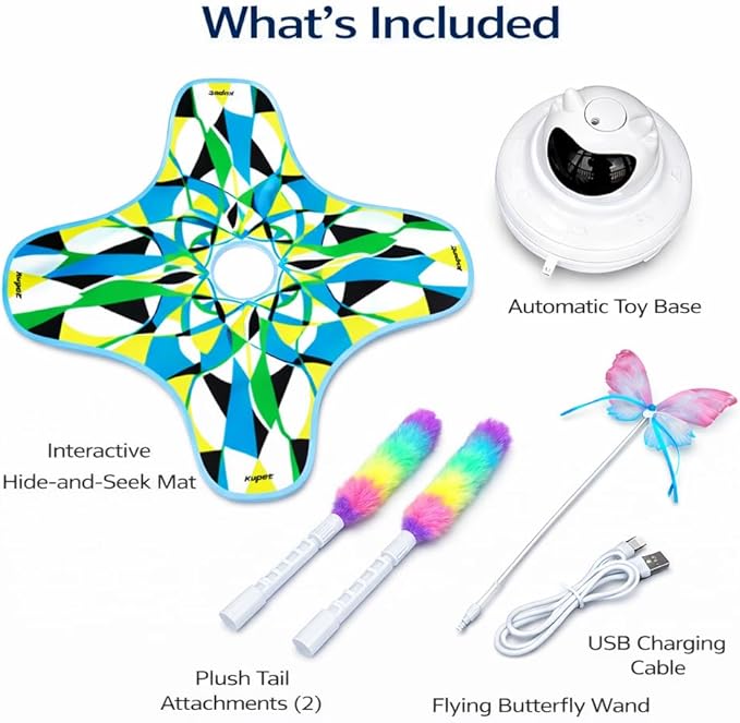 Interactive Cat Toy for Indoor Cats, Rechargeable 3-in-1 Hide and Seek Cat Toy with Spinning Butterfly & Plush Tail, Ultra-Quiet Touch Activated Self Play Cat Exercise Toy for Adult Cats & Kittens