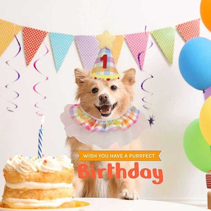 Cat Birthday Decorations- Pet Cat Dog Birthday Hat with Number Kitten Puppy Princess Costume Outfit Cute Lace Bandana Scarf Party Apparel for Small Medium Cats & Dogs