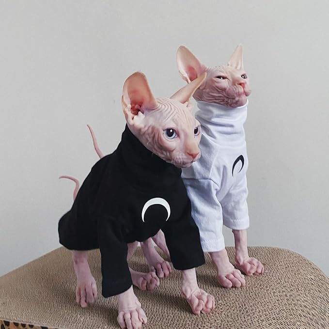 Sphynx Cat Clothes, Moon Print Turtleneck Cotton T-Shirt for Devon Rex Sphynx Cats (White Long Sleeve, Small)