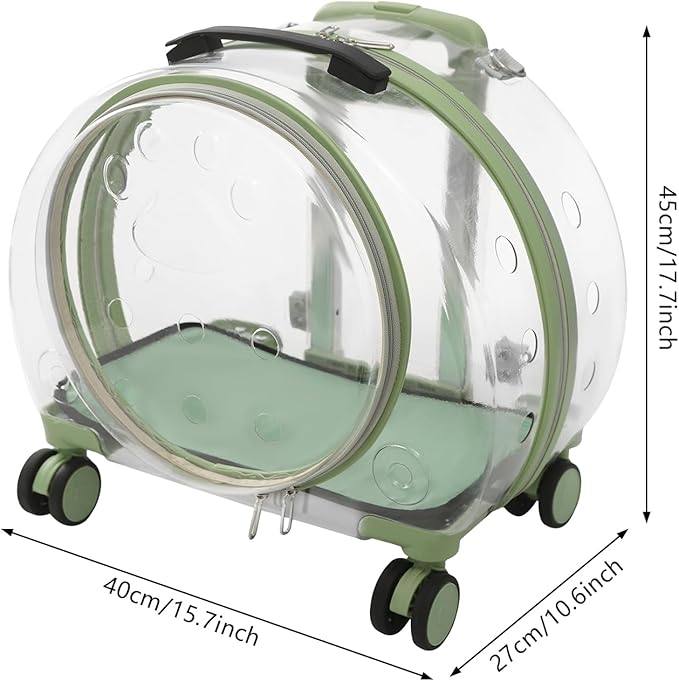 Cat Backpack Carrier, 17.7in Transparent & Fully Breathable Dog/Cat Carrier with Rolling Wheels + Telescopic Handle, Applicable Cat Weight 20 Lbs for Traveling, Taking A Walk. (Green)