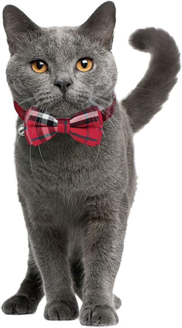 2 Pack/Set Cat Collar Breakaway with Cute Bow Tie and Bell for Kitty and Some Puppies, Adjustable from 7.8-10.5 Inch (Red+Black, Plaid)