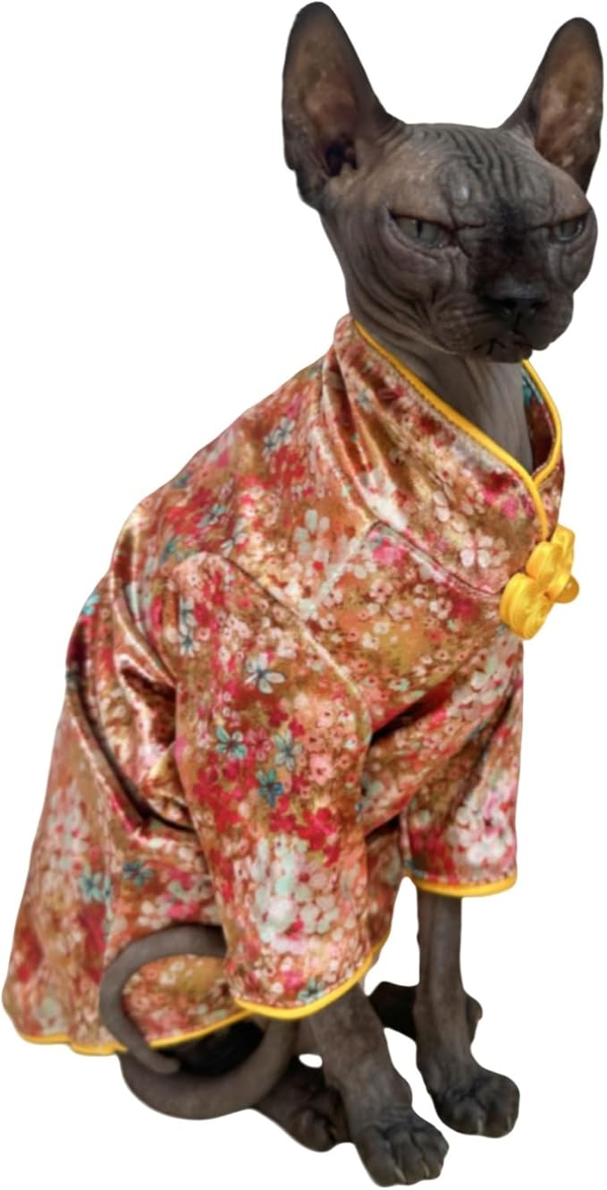 Traditional Culture Sphynx Hairless Cat Cotton T-Shirts Cats Clothes Pet Sweater Cat Vest Pet Clothes Kitten Shirts Small Dogs Apparel (Gypsophila, XL (9-13 lbs))