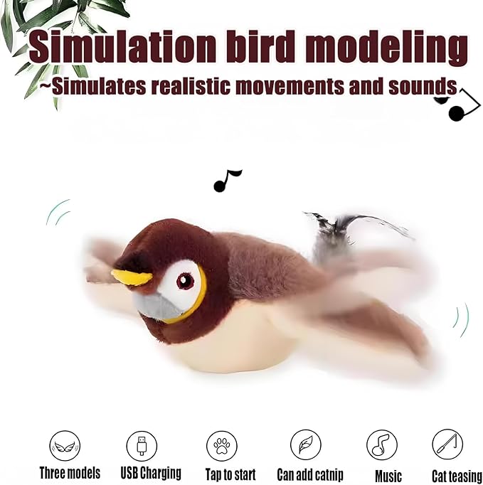 Dumwick 2026 Upgrade Interactive Chirping Bird Cat Toy,Flapping Wingss with Realistic Sounds,Simulated Chirping Bird Cat Toy for Indoor Play and Exercise (Sparrow 1pcs)
