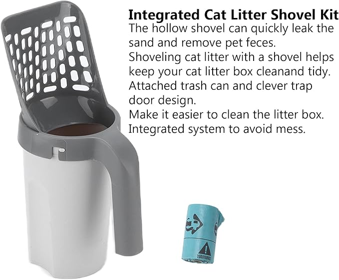 Focket Cat Litter Scooper, Deep Shovel with Trap Door Design for MessFree Cleaning, Litter Scooper with Integrated Waste Container Holder for Pet Owners