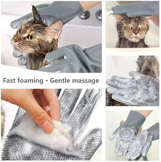 Pet Grooming Gloves for Dogs & Cats, Silicone Deshedding Brush, Gentle Fur Remover, Bathing & Massage Gloves. 3 Colors Variation (Gray)