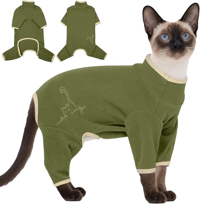 DENTRUN Cat Clothes for Hair Control with Hair Sticky Fabric - Soft Recovery Suit & Breathable Lint-Resistant Cat Sweater for Cats Only, Kitten Onesie Pajamas, L, Army Green