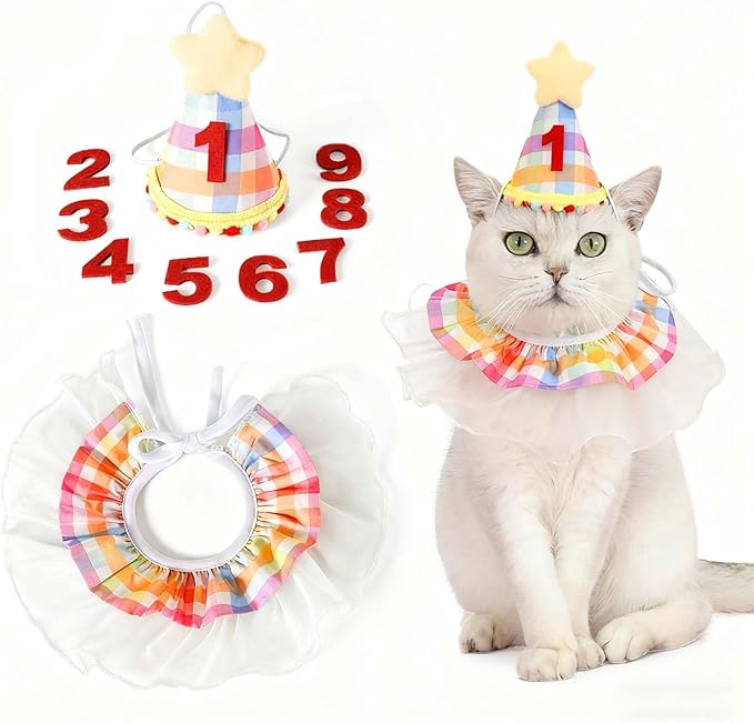 Cat Birthday Decorations- Pet Cat Dog Birthday Hat with Number Kitten Puppy Princess Costume Outfit Cute Lace Bandana Scarf Party Apparel for Small Medium Cats & Dogs