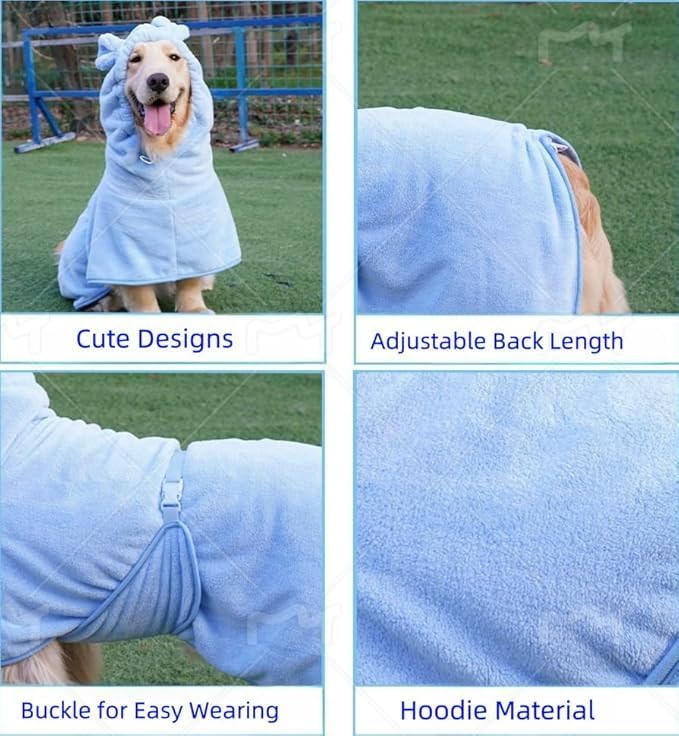 Pet Bathrobe for Dog Cat Absorbently Quick Drying Coat Cute Dogs Bath Towel Hooded Robe Adjustable Collar & Belly Strap for Pool Beach (Blue, Medium)