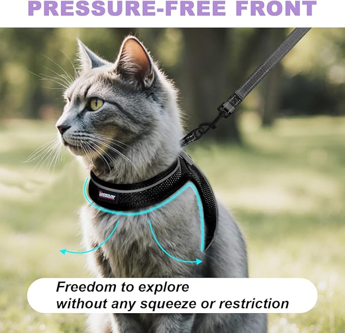 Cat Harness and Leash Set,Escape Proof Kitten Harness,Step in Adjustable Soft Lightweight,Easy Control,Reflective Strips Comfortable for Walking Travel(Black,XXS)