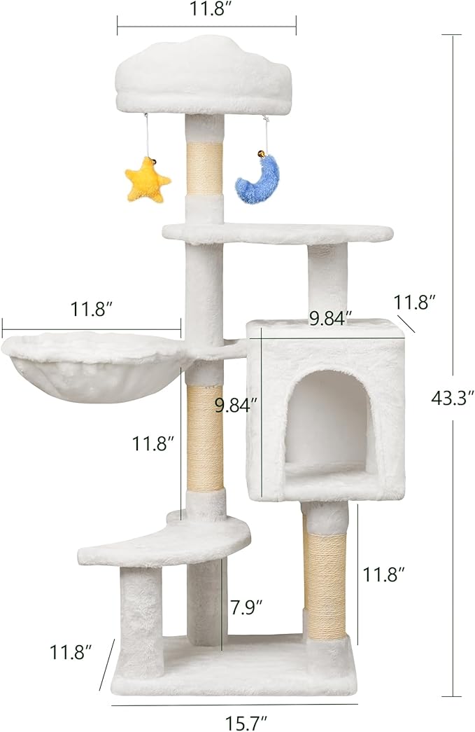Meecal 43-Inch Cat Tree,Cute Cloud Cat Tree for Kittens & Small Cats Under 6 Months 9lbs, Cat Tower with Scratching Post, Double Condos, Plush Hammock & Dangling Toys, White
