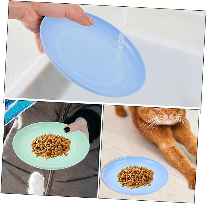 KALLORY 4pcs Shallow Cat Food Bowls Set, Cute Small Pet Plates for Indoor Cats and Kittens, 20cm Wide Flat Dish with Beige, Blue, Pink, and Teal Colors for Feeding and Watering