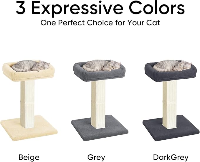 Cat Scratching Post, 32”Cat Scratcher with Large Plush Perch, Sisal & Carpet Scratching Post, Vertical Posts with Elevated Bed for Indoor Cats, Removable& Washable Cover, Dark Grey