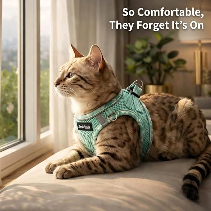 Cat Harness and Leash Set for Walking, Escape Proof Adjustable Soft Mesh Kitten Harness with Reflective Strips, Breathable No-Choke Pet Vest for Medium Cats or Small Dogs(Green,M)