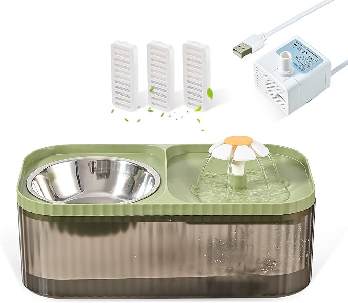 3L/101oz Pet Water Fountain with 3 Filters and Pump & 1 Replacement Pump (Black & Green)